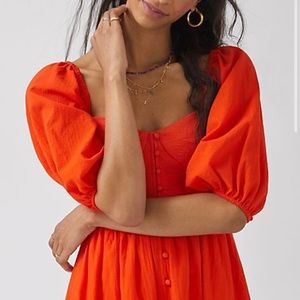 Anthropology Maeve Puff-Sleeve Sweetheart Mini Dress in Red Size L